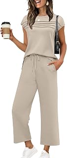WIHOLL Women's Two Piece Set Cap Sleeve Top Wide Leg Pants Summer Travel Outfit S-3XL