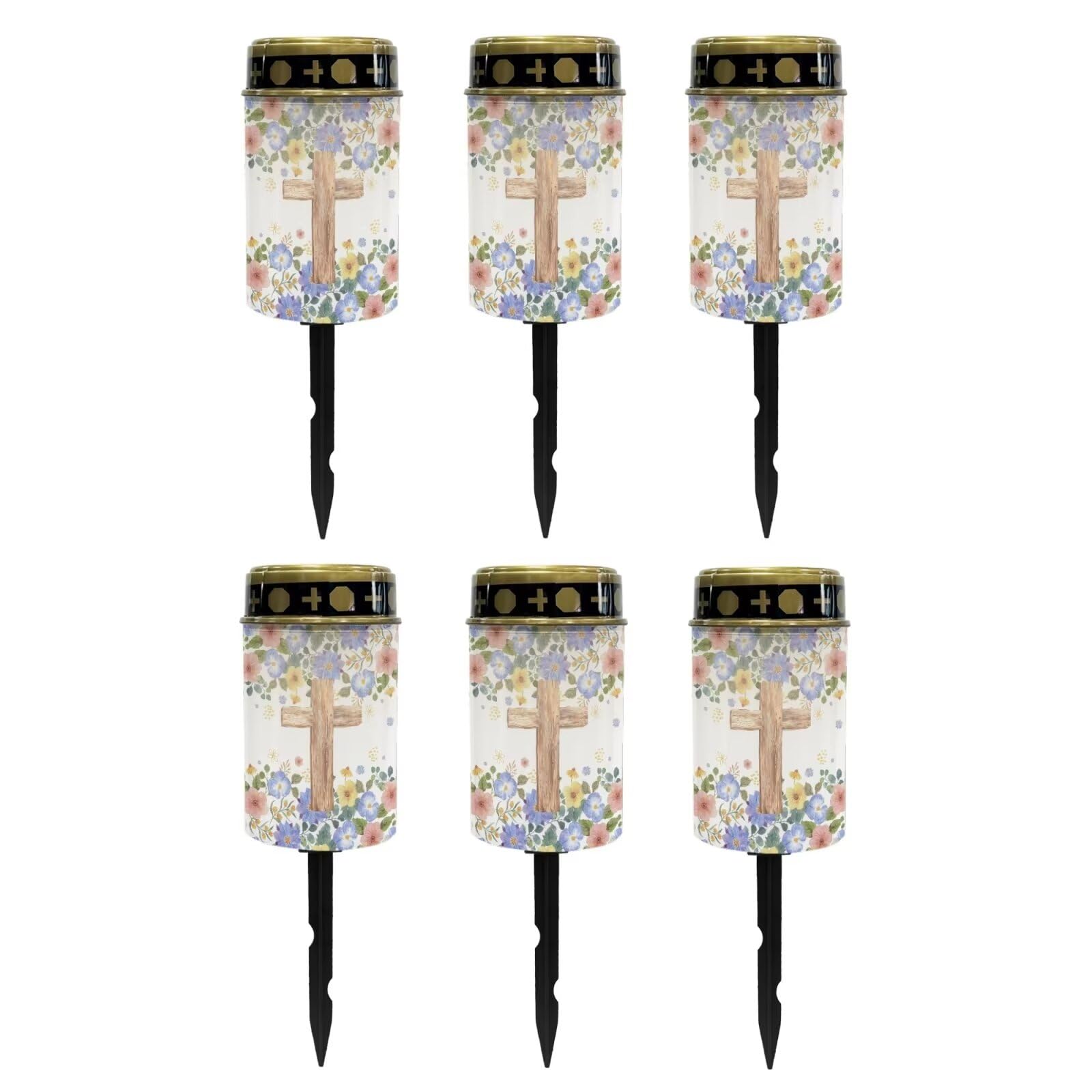 Poceacles Cross Outdoor Solar Lights Solar Garden Lights Cemetery Solar Lights Water Resistant Pillar Candle Solar Garden Stake Lights for Cemetery Grave Decorations, Flower Leaf Cross, Pack of 6