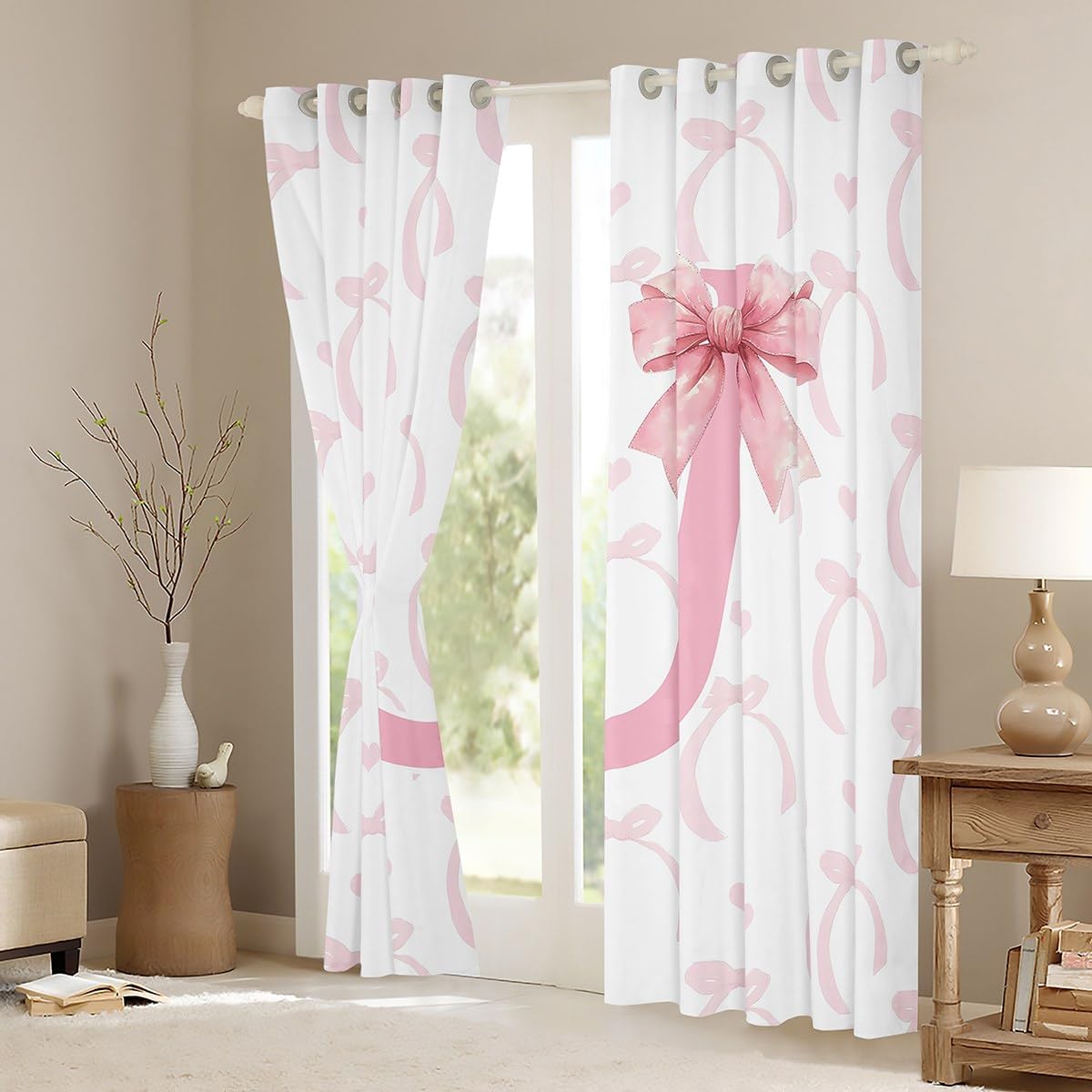 Pink Bow Blackout Curtain Cute Cartoon Bowknot Girly Window Drapes, Kawaii Bow Tie Letter J Window Treatments, Kids Girls Princess Room Decor, Grommet Top 2 Panel Set Bedroom Curtains, 38Wx45L inch