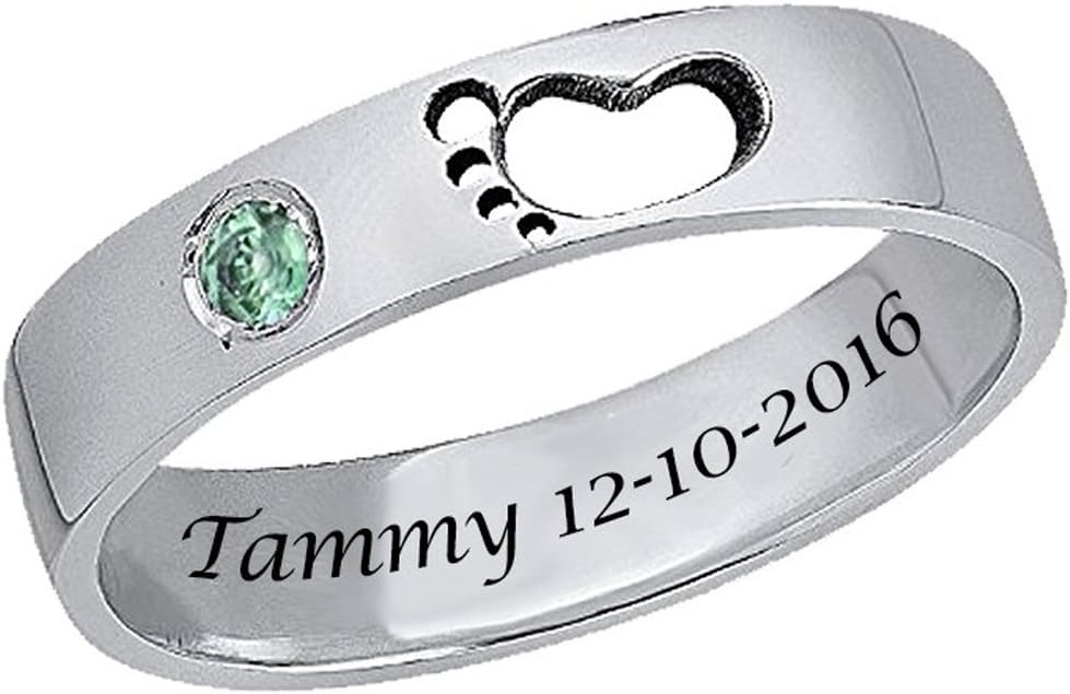 Sterling Silver Personalized Mother Birthstone Feet Shaped Engraved Names Ring with Birthstone for Mom