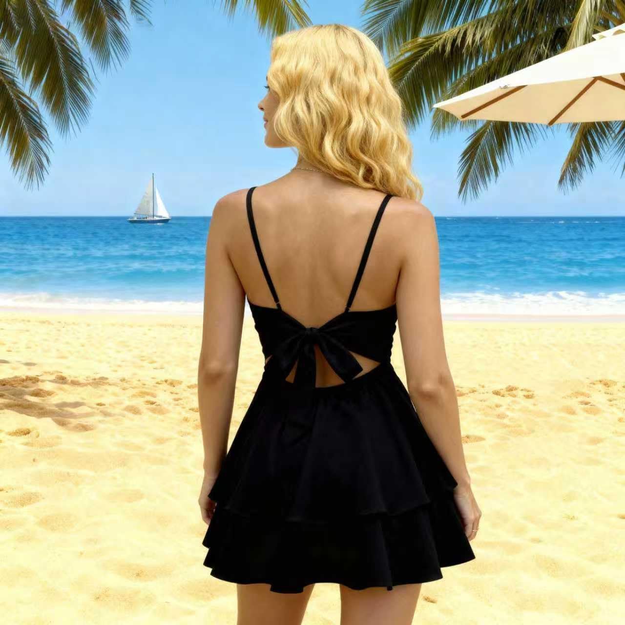 Women's Sexy Sleeveless Spaghetti Strap Mini Dress Square Neck Ruffle Hem A-Line Club Party Cocktail Dresses - Image 6