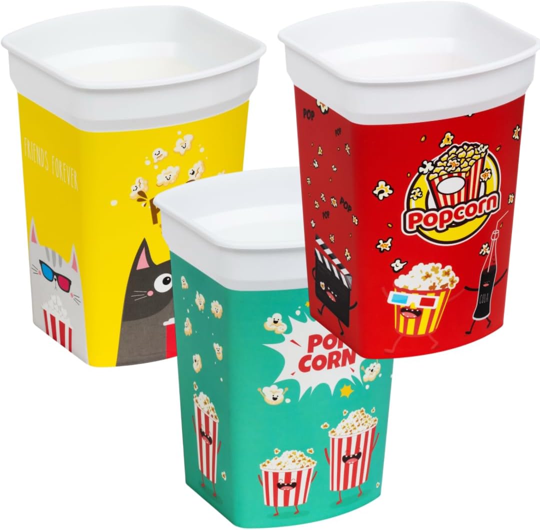 MIX 4 pcs Reusable Plastic Popcorn Containers/Popcorn Bowls Set for Movie Theater Night - Easy to Clean - (BPA Free) (2 Red and 1 Green and 1Yellow Color)