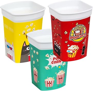 MIX 4 pcs Reusable Plastic Popcorn Containers/Popcorn Bowls Set for Movie Theater Night - Easy to Clean - BPA Free 2 Red and 1 Green and 1Yellow Color