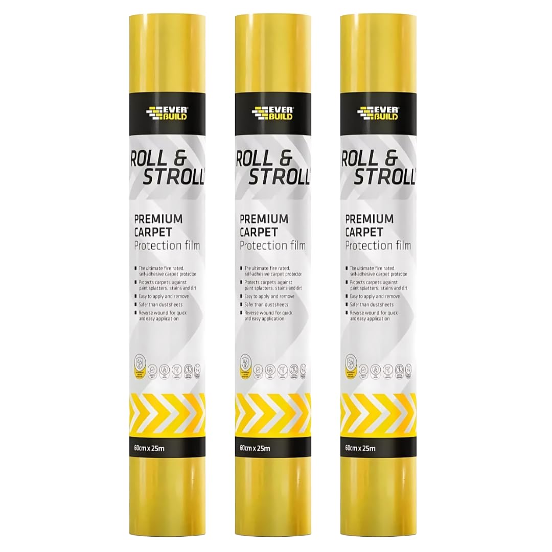 Buildware 3x Roll & Stroll Premium Carpet Protector – Self-Adhesive, Waterproof, Yellow, 600mm x 25m – Easy to Apply & Roll