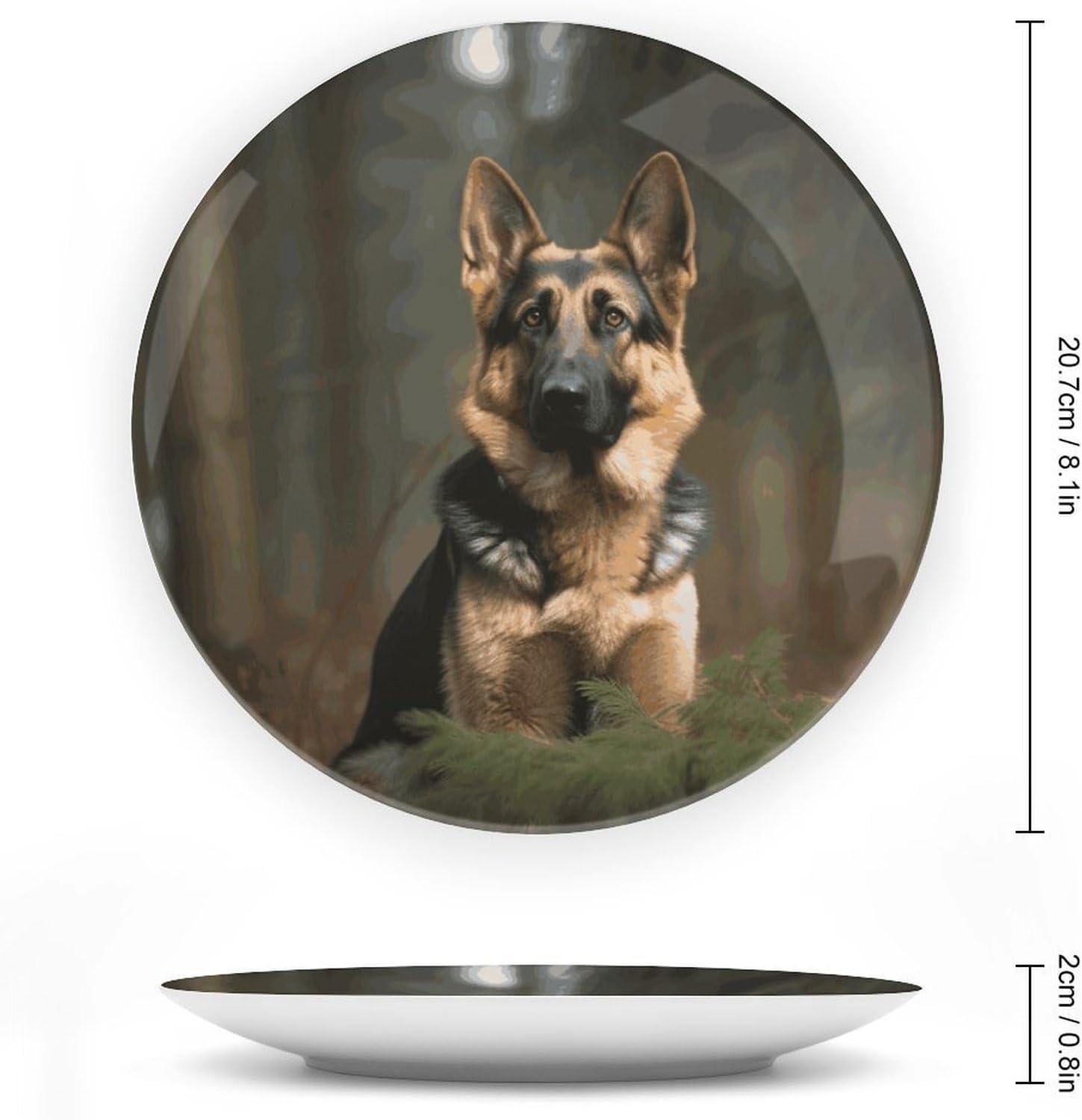 German Shepherd Decorative Ceramic Plate Round Porcelain Plate Decor Personalized Bone China Decorative Plates Ceramic Ornaments Dessert Plates with Display Stand 8inch
