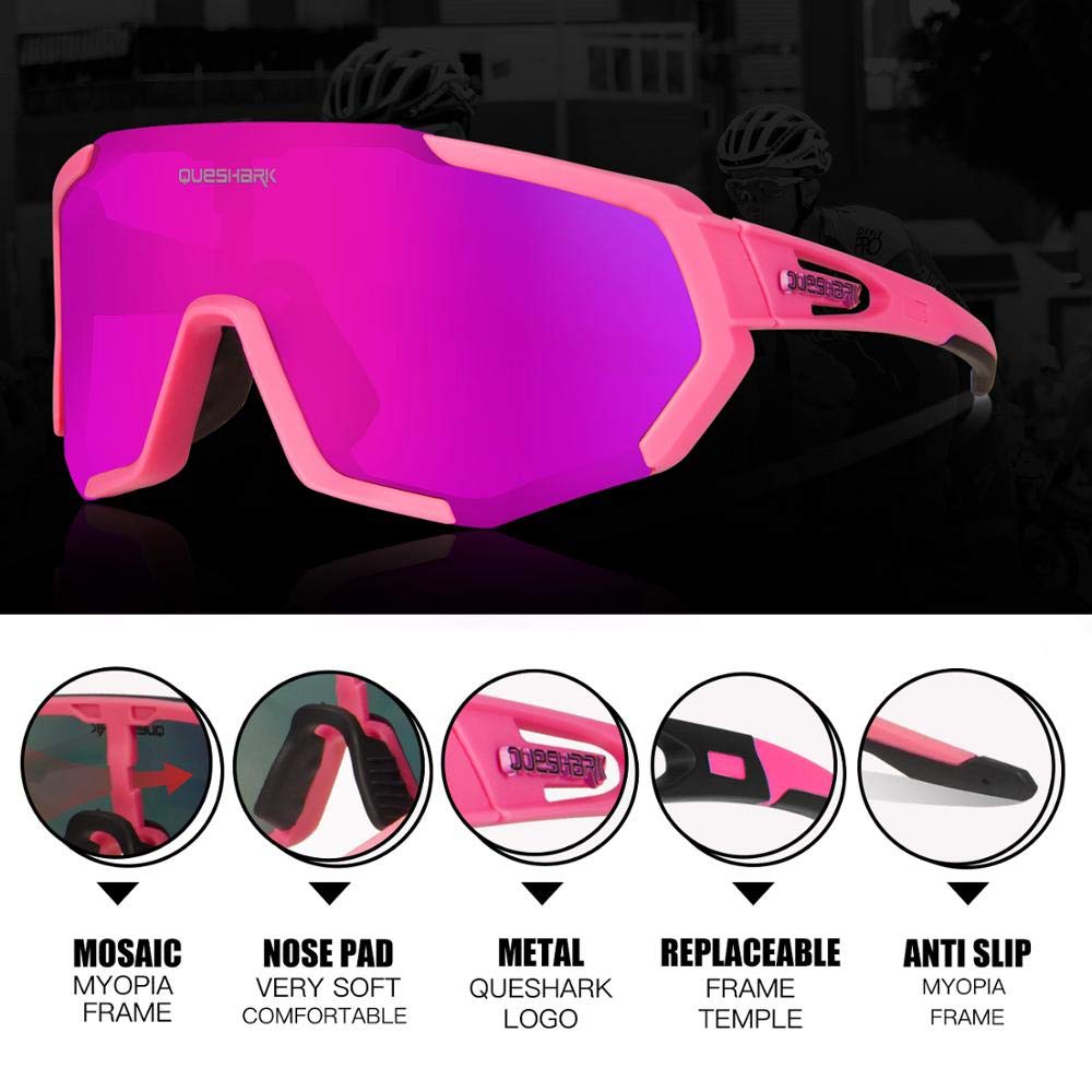 Queshark Occhiali da Ciclismo Polarizzati per Ccchiali TR90 con Montatura per Uomo Donna con 3 Lenti Intercambiabili Anti-UV400