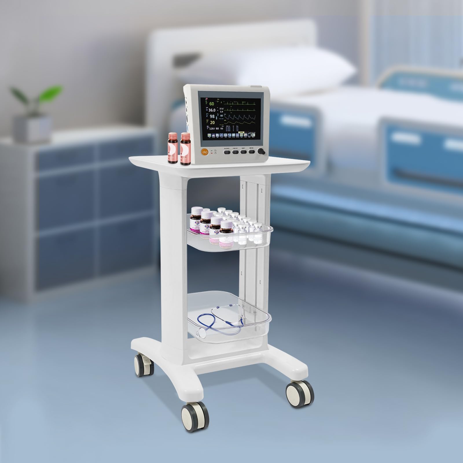 Carrello per salone di bellezza mobile, supporto per strumenti di bellezza a 3 livelli, ABS robusto, capacità 50 kg, ruote universali bloccabili, ideale per saloni e spa