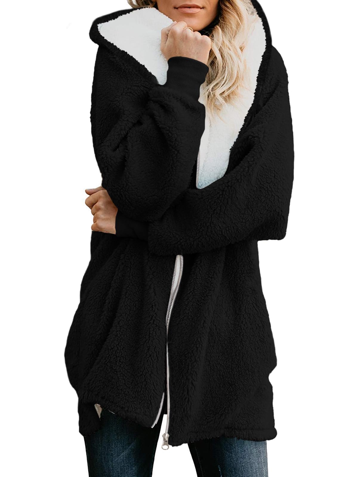 Yanekop Womens Oversized Sherpa Jacket Fuzzy Fleece Zip Up Jacket Warm Winter Coats Faux Fur Coat with Pockets
