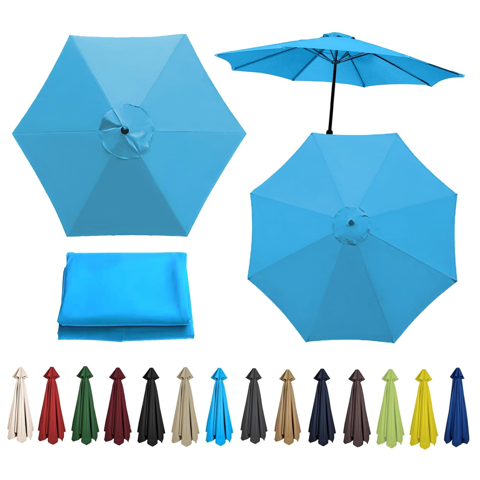 Replacement Parasol Canopy For 200cm - 6Ribs, 270cm - 6Ribs, 270cm - 8Ribs, 300cm - 6Ribs, 300cm - 8Ribs, UV Protective, Waterproof, Canopy Cover Fit Outdoor Garden Market Table Parasol(Color:Lake blu