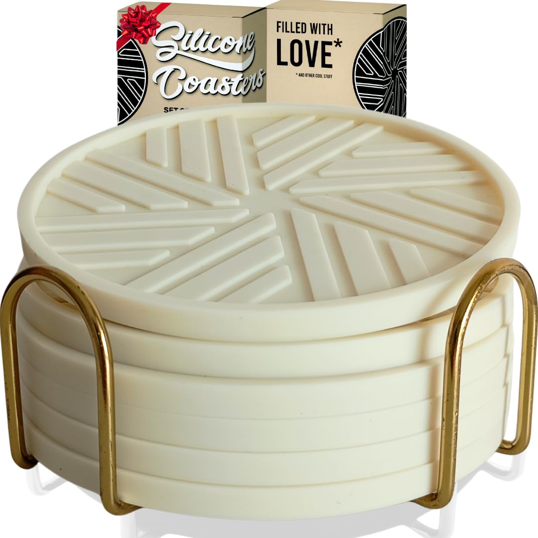 Angardy Homeware Silicone Coasters for Drinks, Set of 6 with Gold Holder and Modern Smart Pattern, Protection for Coffee Table, Living Room, Kitchen,