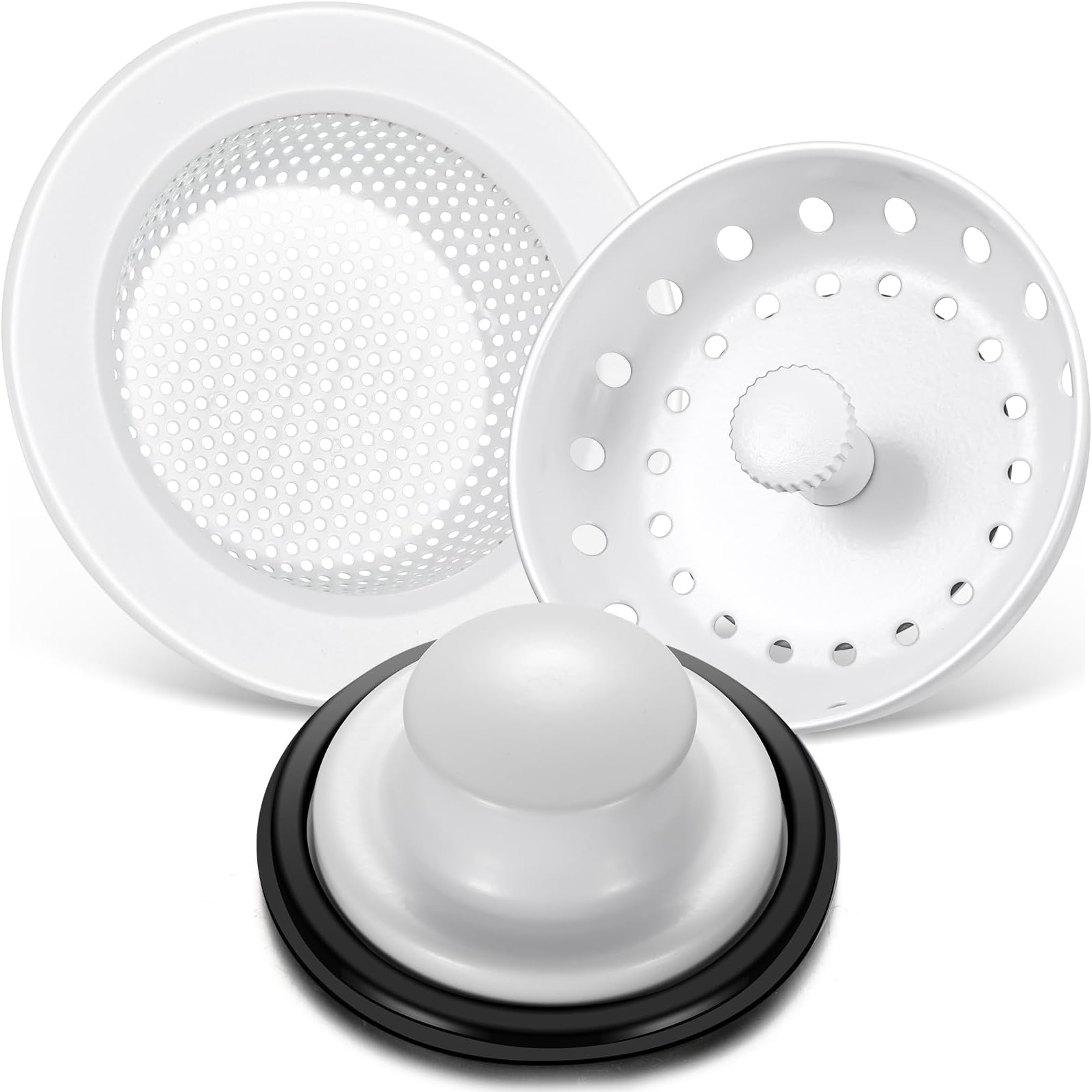 Mudder 3 Pcs Kitchen Sink Drain Strainer and Stopper Stainless Steel Garbage Disposal Plug with Handle Universal Anti-Clogging Kitchen Sink Filter Sieve Basket Strainer(Porcelain White)