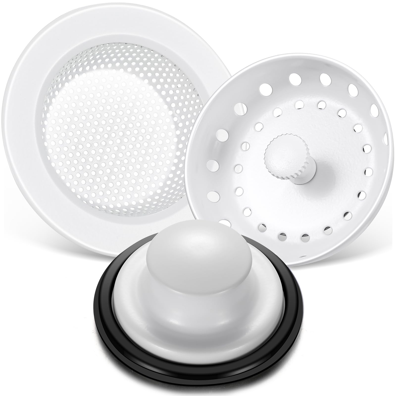 Mudder3 Pcs Kitchen Sink Drain Strainer and Stopper Stainless Steel Garbage Disposal Plug with Handle Universal Anti-Clogging Kitchen Sink Filter Sieve Basket Strainer(Porcelain White)