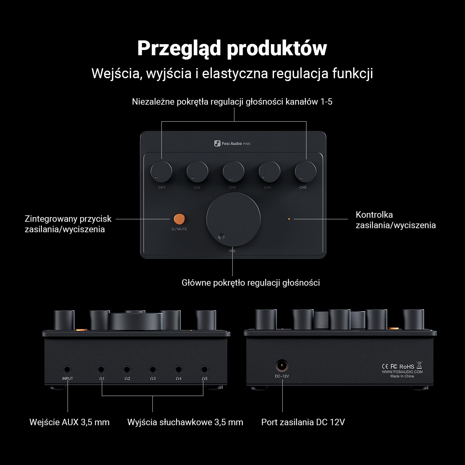 Fosi Audio PH05 5-kanałowy wzmacniacz słuchawkowy z rozgałęźnikiem, mini wzmacniacz słuchawkowy do miksera studyjnego/udostępniania dźwięku z IEM o wysokiej impedancji 16–300 omów