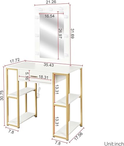 Miniatura 2 de Moderno juego de mesa de tocador con 9 luces LED espejo y taburete, brillo ajustable, tocador de maquillaje con cajones de almacenamiento y estantes