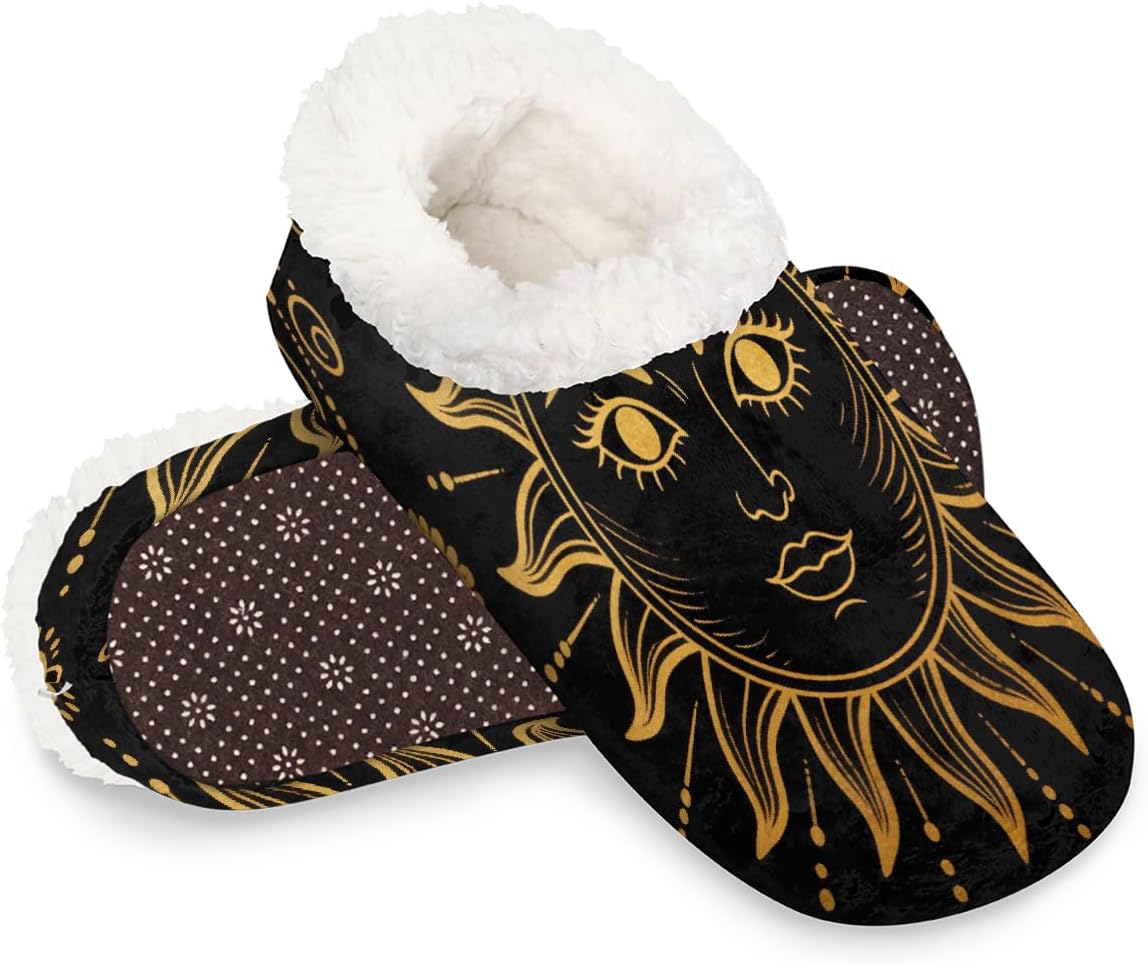 Ethnic Boho Style Sun Pattern Slippers for Women Men, Warm Fuzzy Indoor House Shoes with Non-Slip Sole, Cozy Plush Winter Home Bedroom Slippers for Office Travel Hotel Gifts Size M