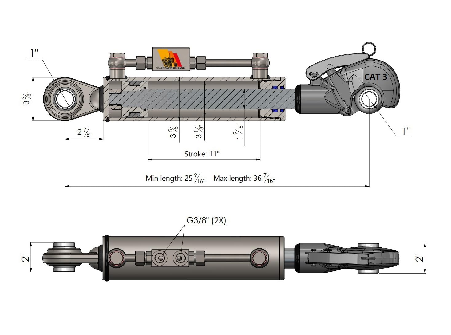 Tercer Punto Hidráulico Cat 3 - Ø25,4 (645 - 925 mm) con Engance Rápido, Bloque de Bloqueo y 2 Mangueras