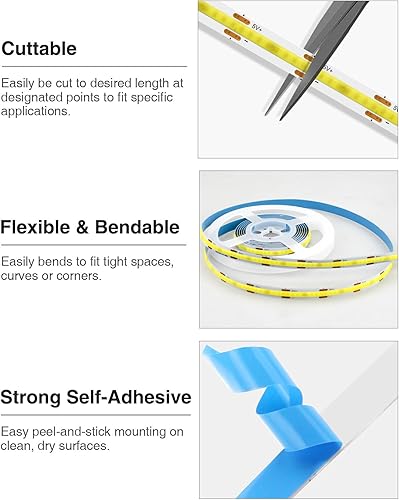 Miniatura 5 de Aclorol COB - Tira de luz LED de 5 V, USB, 6.56 pies6.6 ft, 640 LED, regulable, luz de fondo LED para TV, blanco cálido, 3000 K con 0.315 in de