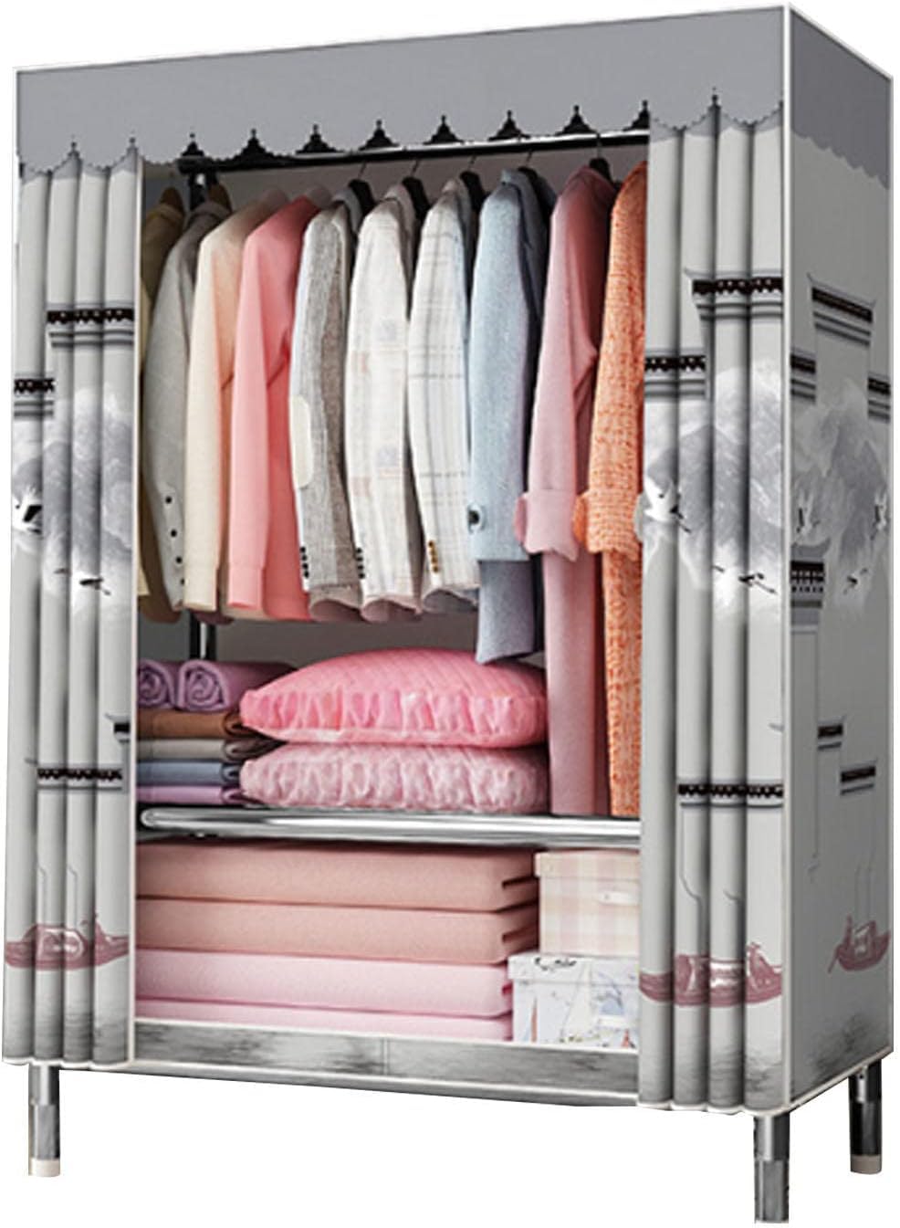 Armoire en toile pliable avec rail de suspension et étagères de rangement amovibles