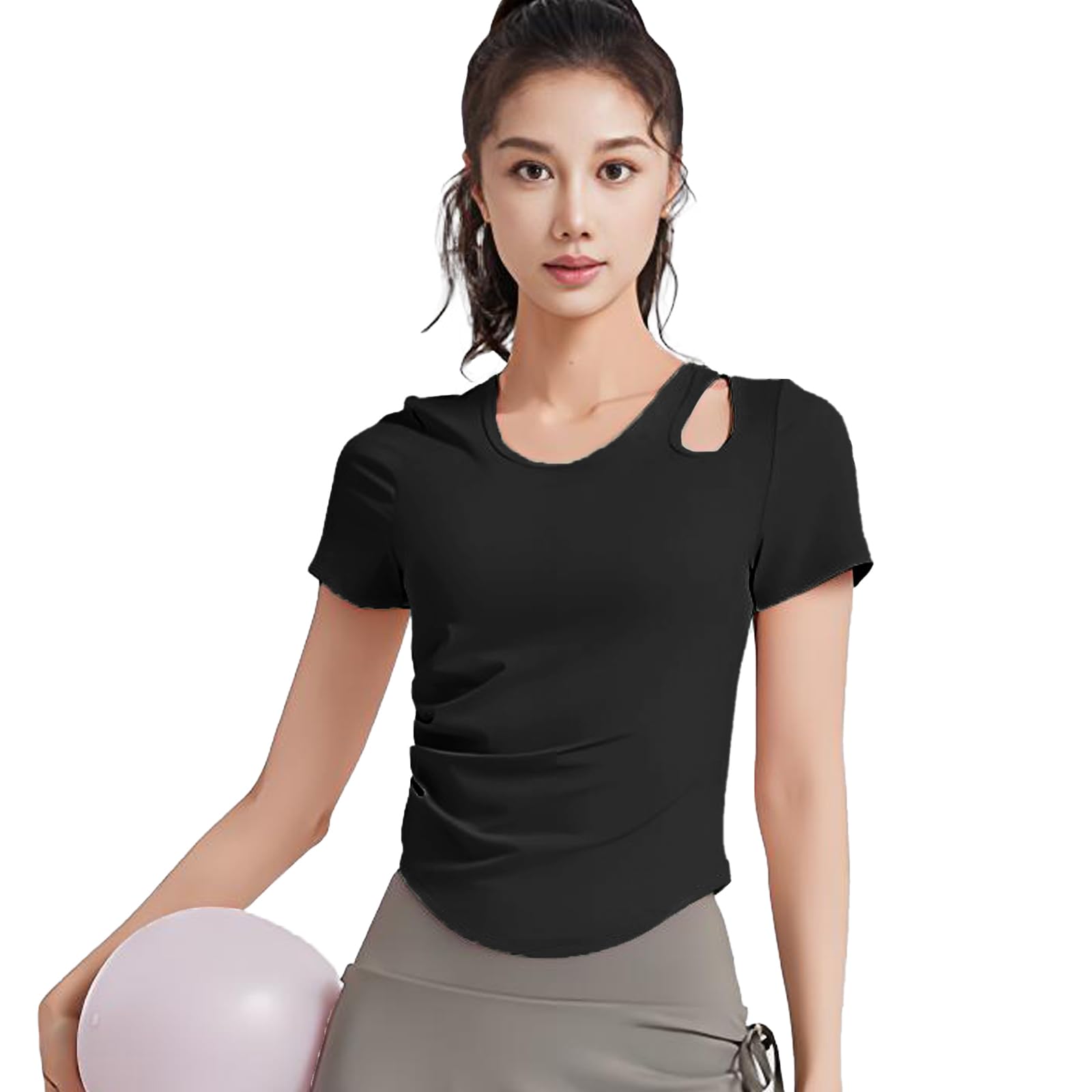 [Zleufirty] ヨガウェア 半袖 tシャツ カップ付き トップス スリムフィット レディース アシンメトリーカッティング 吸汗速乾 ショート丈 ストレッチ バレエ テニス フィットネス 運動用