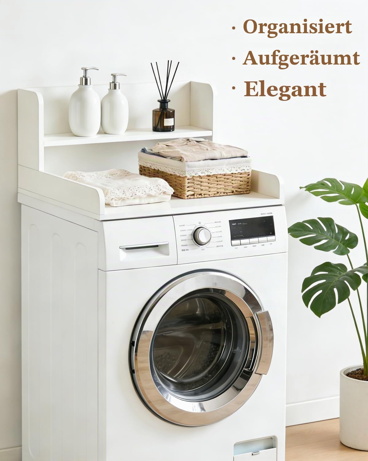 Arbeitsplatte Waschmaschine Trockner mit 2 Stufigem Regal, Waschmaschinen Auflage Holz, Abdeckung Waschmaschine Holz, Lagerung, für Einzelwaschmaschine und Trockner, 60x60x30cm