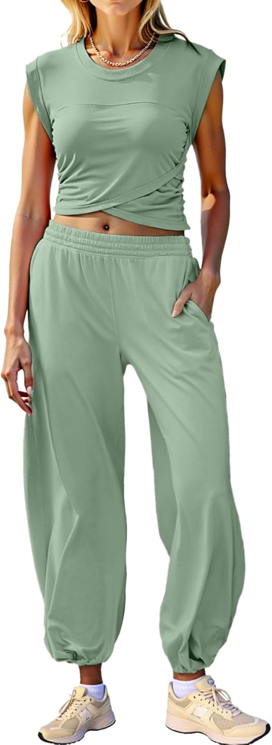 Glamaker Women's Two Piece Athletic Sets Casual Workout Sleeveless Cropped Tops High Sweatpants Joggers Tracksuits - Image 9