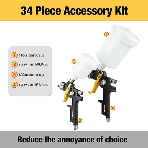 Miniatura 5 de FORNAX HVLP - Pistola de pintura por gravedad, kit de 2 unidades, boquilla de 0.06 pulgadas, boquilla de 0.031 in, pintura de alimentación por