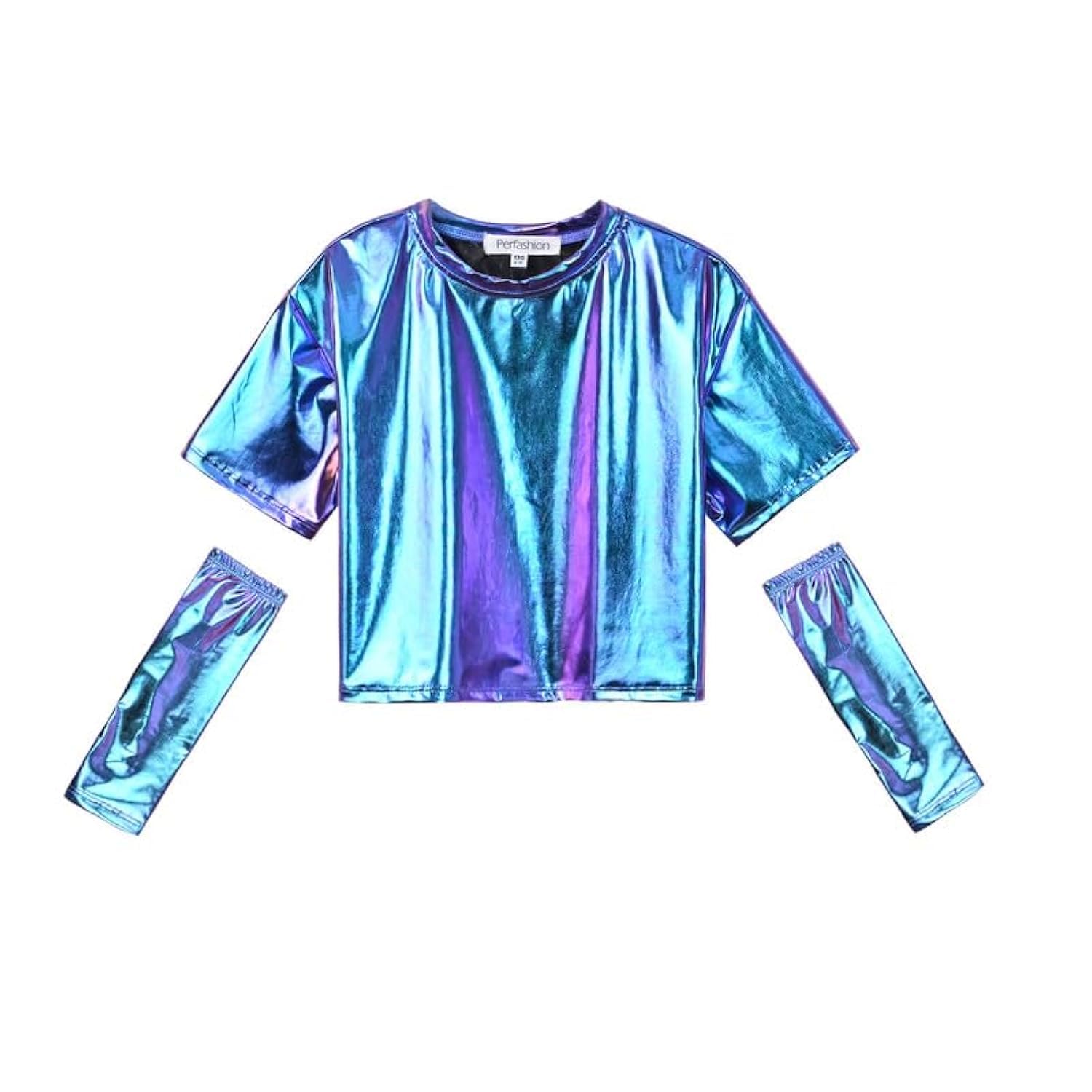 Perfashion Girls Metallic Shirts with Arm Sleeves, Shiny Crop Top for Dancing, Raves, Festivals, Costumes 4-15 Years
