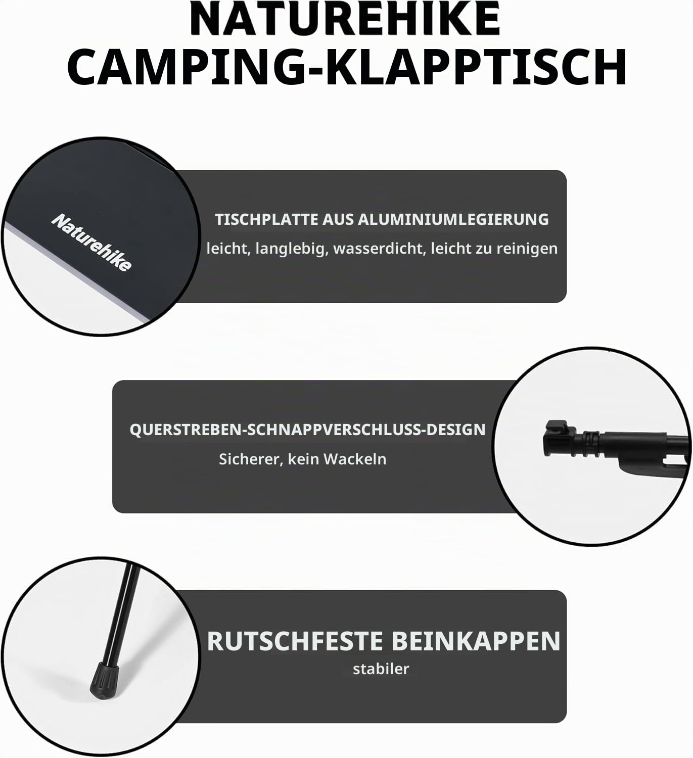 Naturehike Campingtisch Klapptisch aus Aluminium rollbar Camping Tisch klappbar Falttisch leicht für Picknick Party Garten Wandern Reisen Falttisch mit Tragetasche für