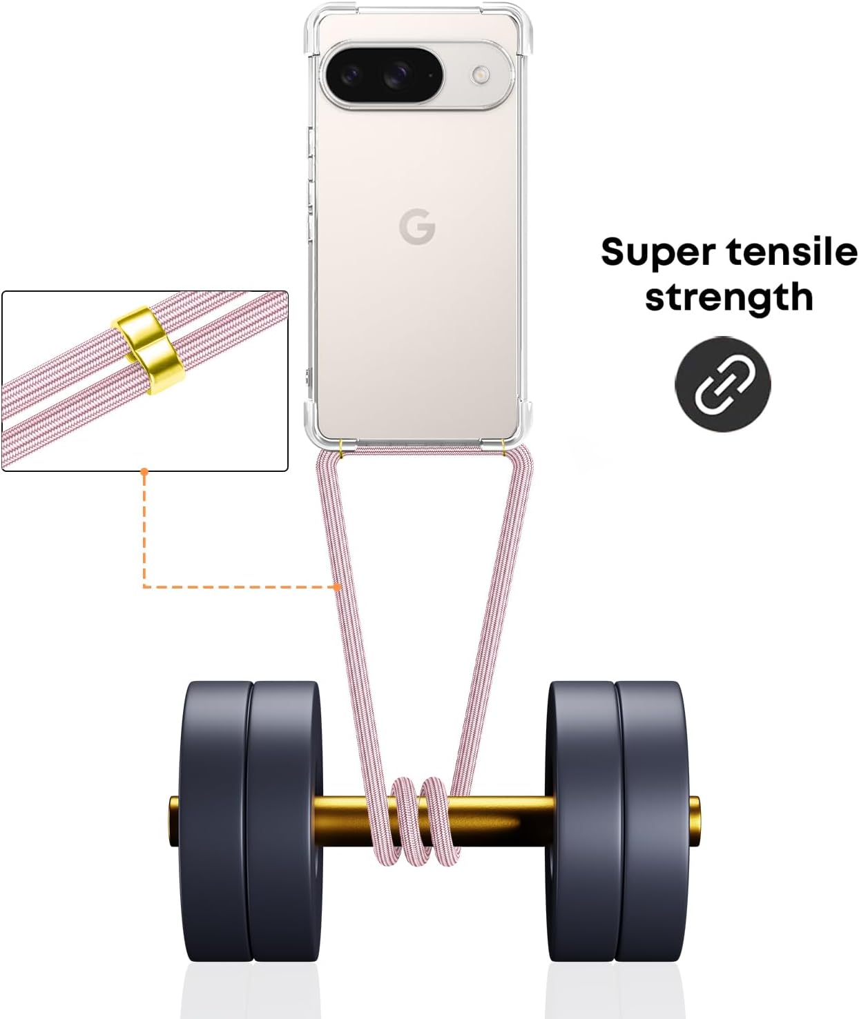 for Google Pixel 9 Lanyard Case Clear Adjustable Cord Neck Shoulder Crossbody Strap Mobile Cover Durable Soft Slim Cover Women Shockproof Protective Phone Case for Pixel 9 - Rose Gold image 3