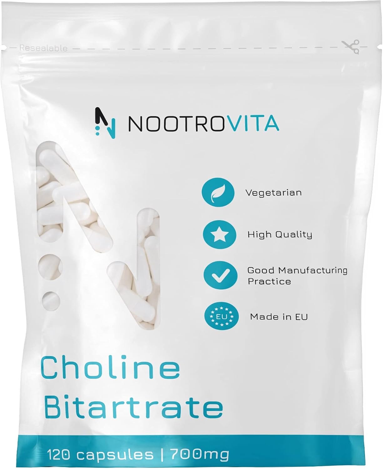 Choline High Dose - 700 mg per Capsule - 120 Choline Capsules 4 Months For Liver Function Memory Brain and Concentration Vegan Gluten Free Nootrovita