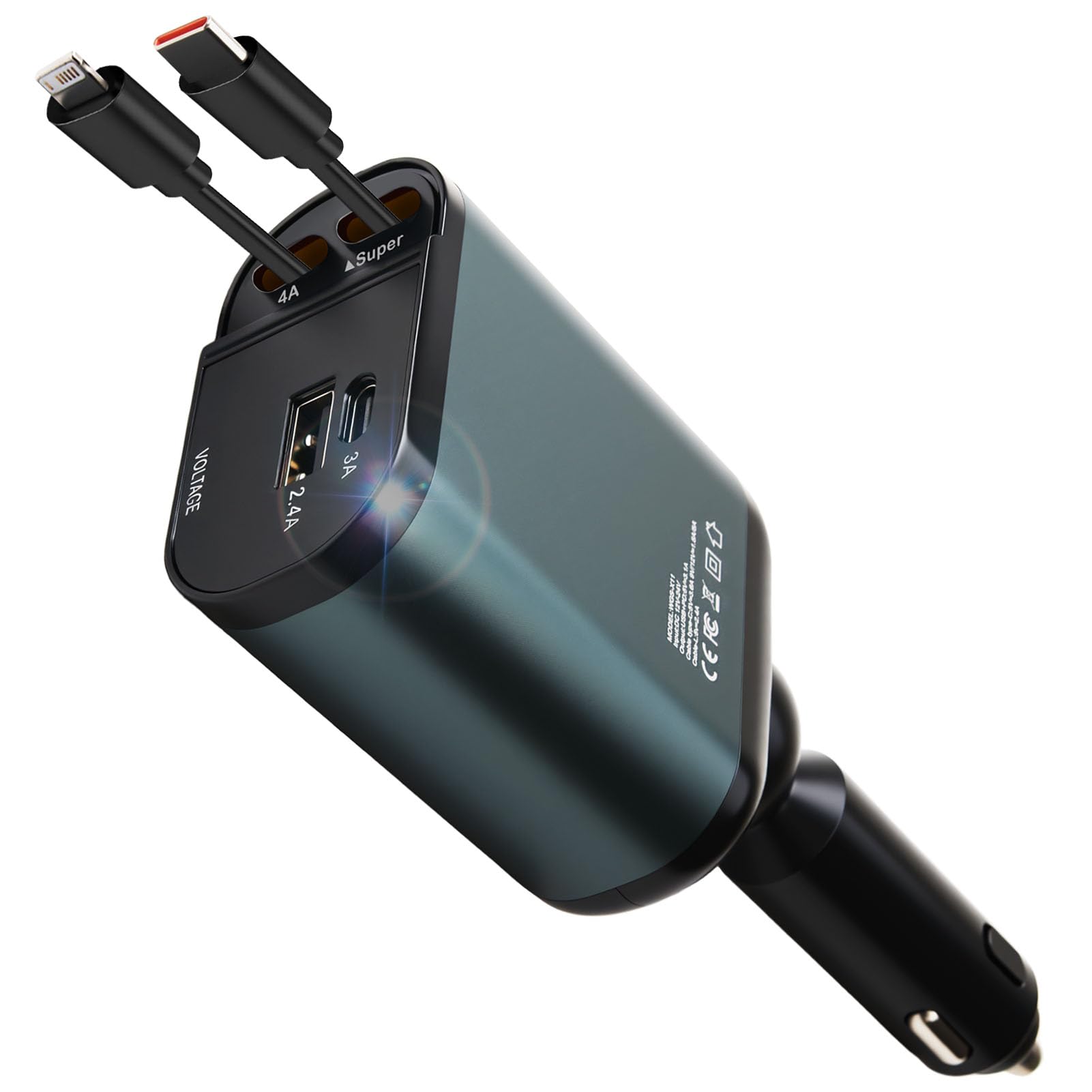 Caricatore Auto USB C 120W Retrattile PD 3.0 con 4 Porte – Caricabatterie Auto per i-Phone 16/15 Pro Max, Galaxy S25, i-Pad, Accessori Auto e Viaggio, Caricamento Rapido e Sicuro, Accendisigari 12V