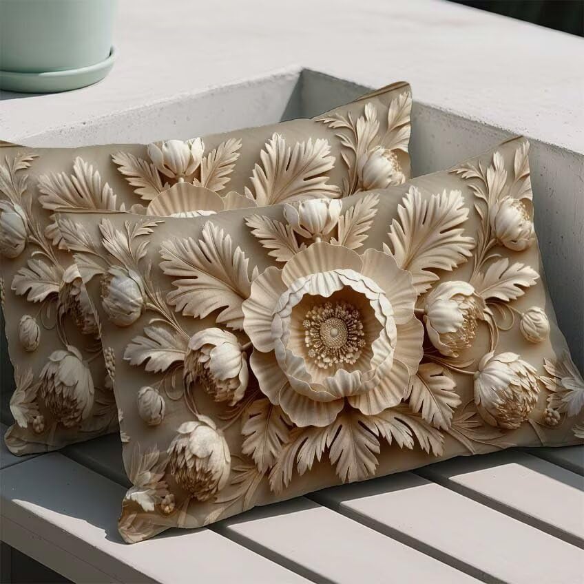 Housse de coussin 70x90cm en lin imperméable motif fleur crème