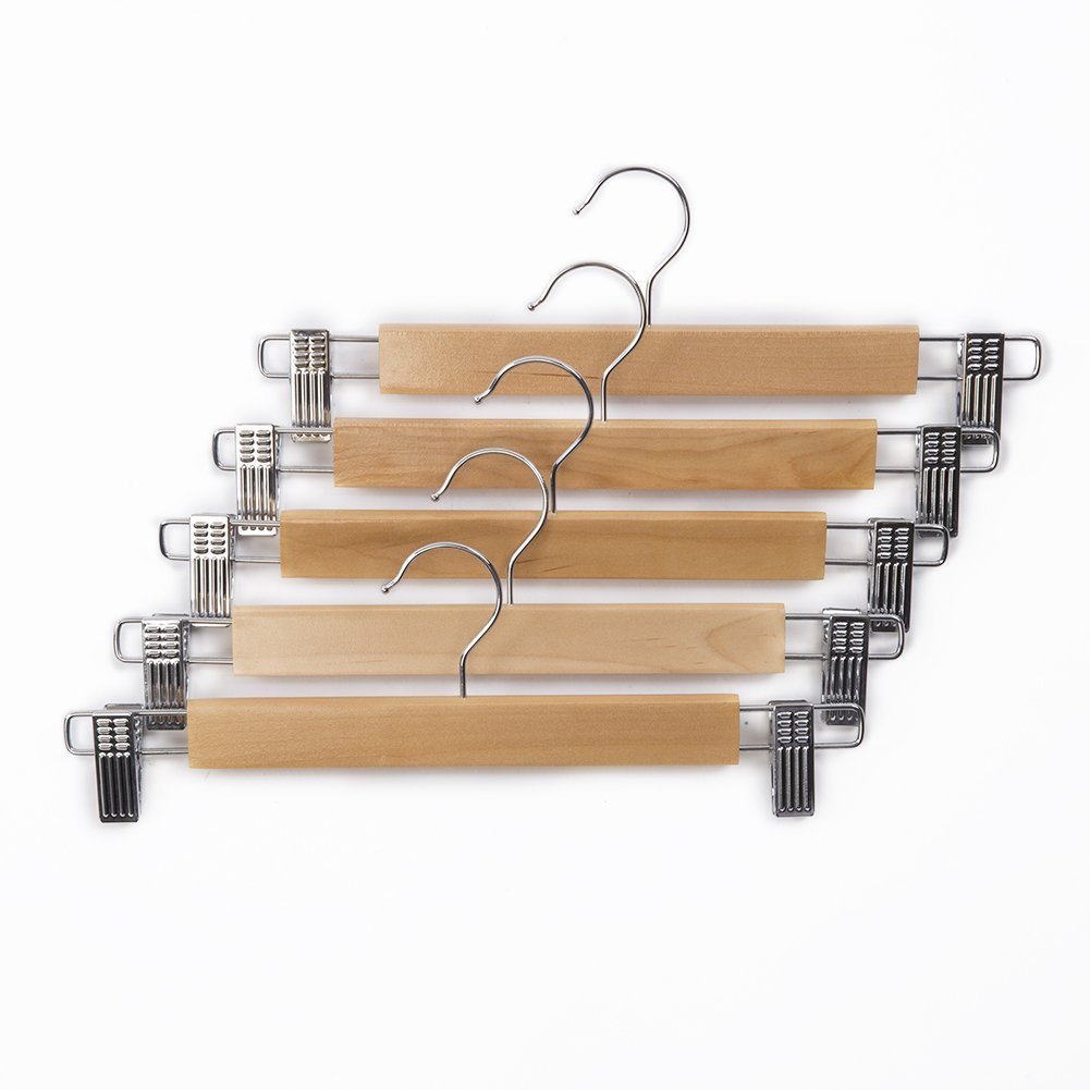 AADYA Wooden Pant Skirt Hangers with 2-Adjustable Anti-Rust Clips, for Skirt,Trousers and Slacks,Natural Finish, 5-Pack