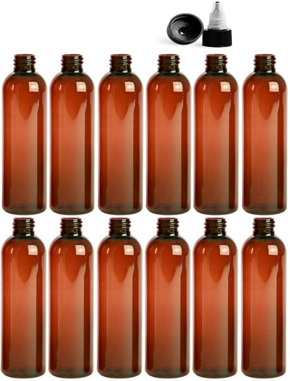 8 Ounce Cosmo Round Bottles, PET Plastic Empty Fillable BPA-Free, with Black/Natural Twist Caps (Pack of 12) (Amber)