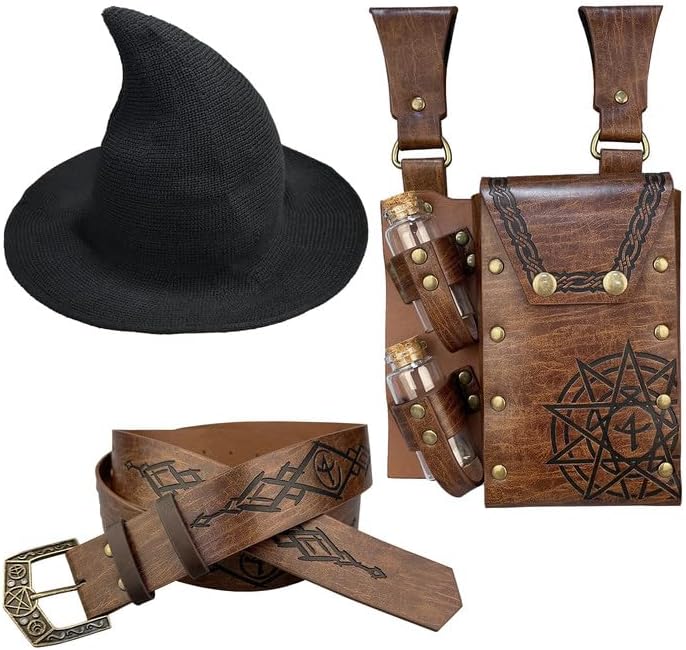 3PCs Witch Hat Alchemy Belt pouch with 2 Cork Potion Vials, Fantasy Renaissance Wizard Belt Accessories for Ren Faire (Brown B)