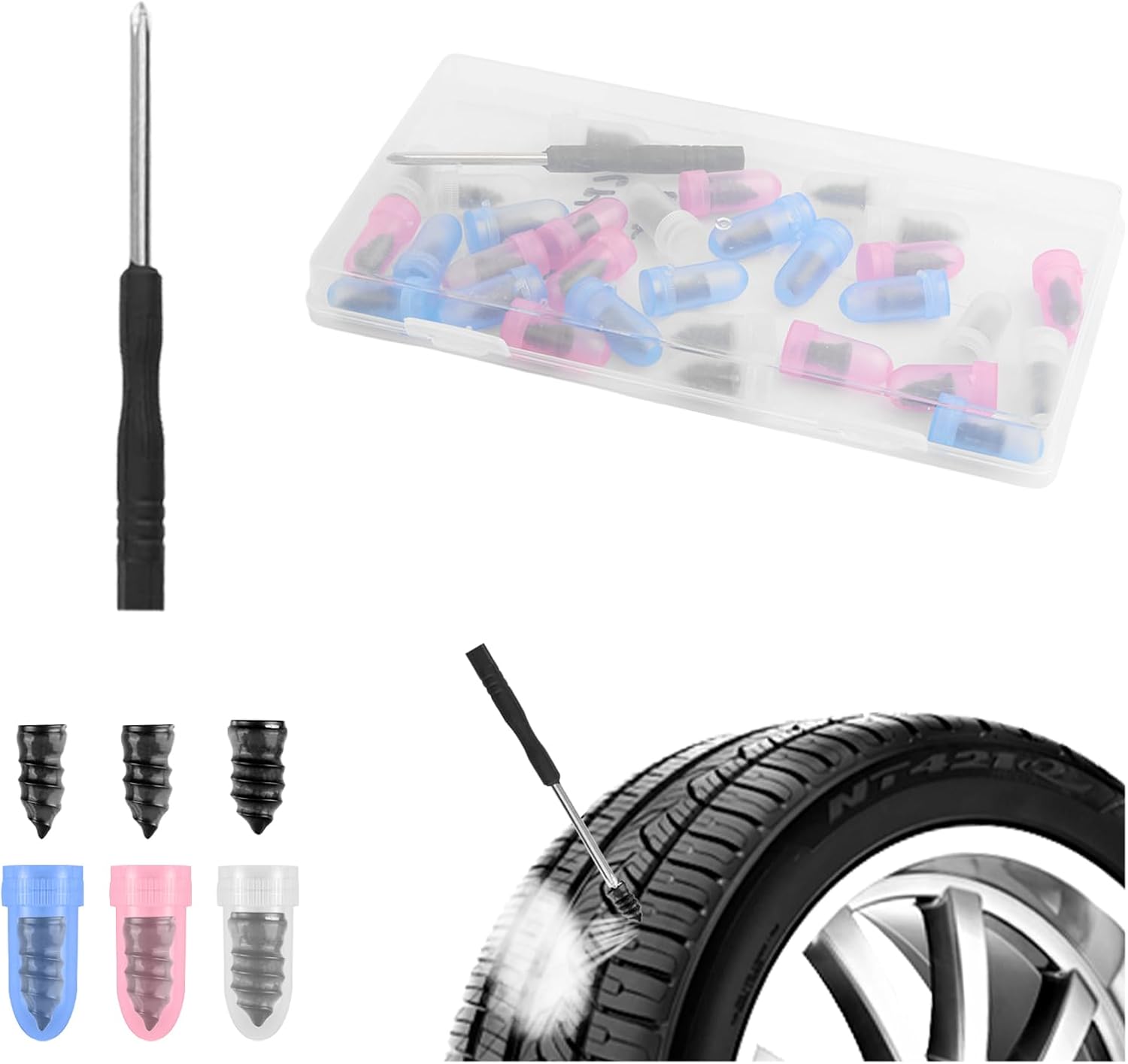 100PCS Tire Screw Plug Repair Kit,Self-Service Tire Repair Kit Includes 3 Sizes of Screw in Tires Plugs & Screwdriver for Quick Repairs,Professional Tires Repairs Rubber Nail