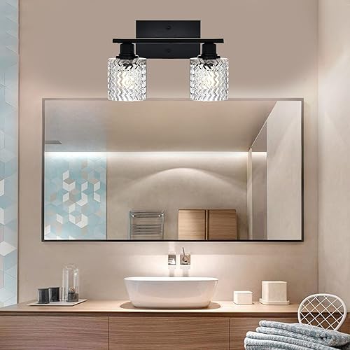Miniatura 5 de Luces de tocador de 2 luces para baño, aplique de pared negro, accesorios de iluminación de baño con pantalla de vidrio martillado transparente,