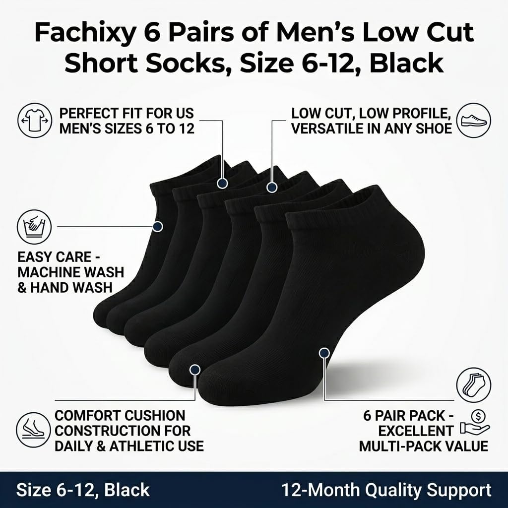 Fachixy 6 Pairs of Men's Low Cut Short Socks, Comfort Cushion Casual Socks, Size 6-12, Black