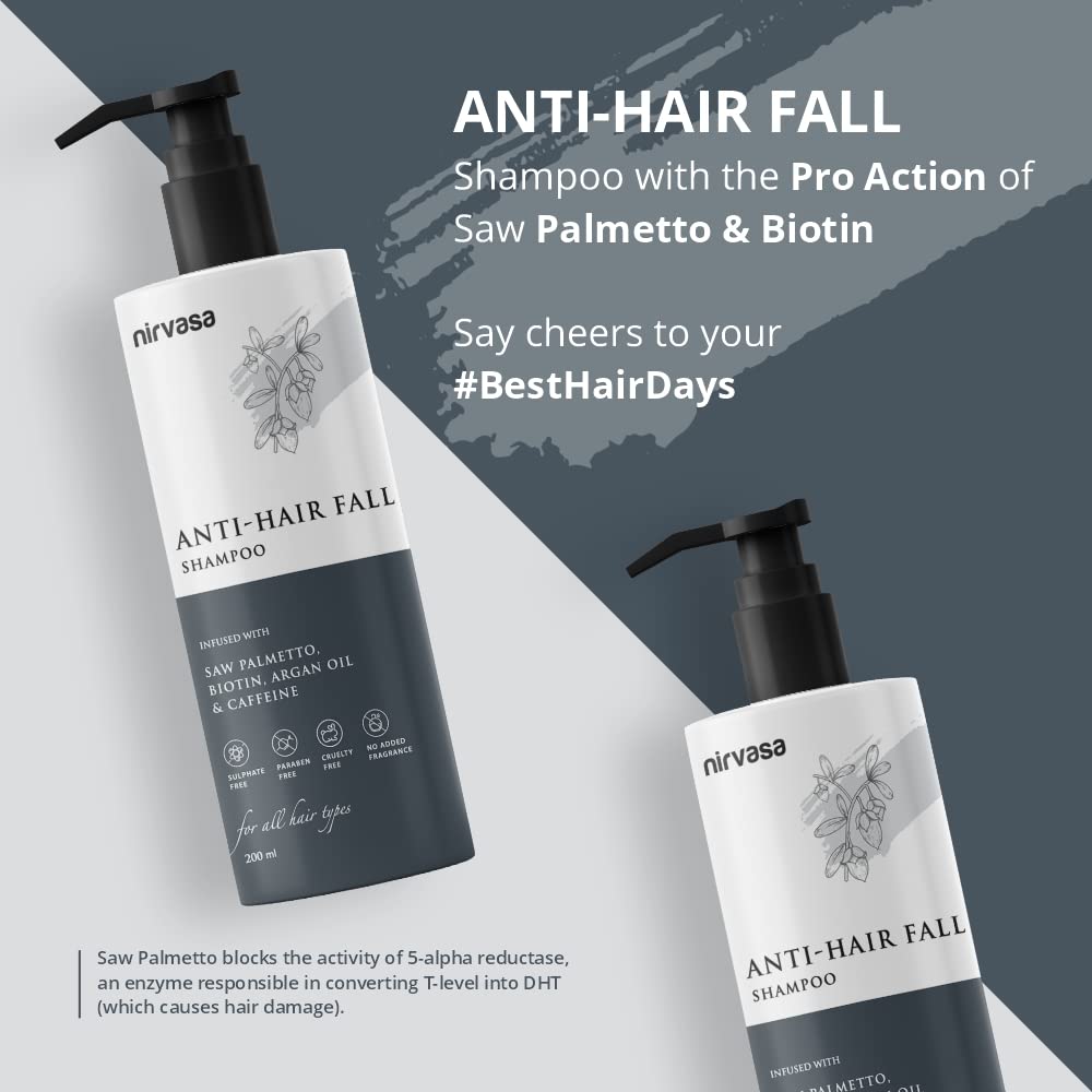 Nirvasa Anti-Hair Fall Shampoo (2x200ml) | Sulfate-Free with Saw Palmetto & Biotin | Blocks DHT, Reduces Hair Fall & Breakage | Strengthens, Promotes Healthy & Strong Hair for Men & Women β Pack of 2 3