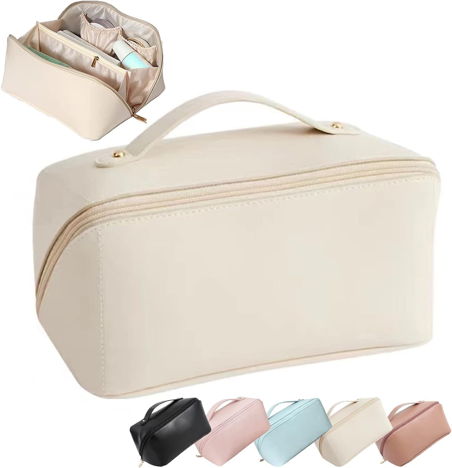 TAMQUSAK Travel Makeup Bag,Large Capacity Cosmetic Bags for Women,PU Leather Waterproof Portable Pouch Open Flat Toiletry Bag Make up Organizer with Divider and Handle(White Makeup Bag)