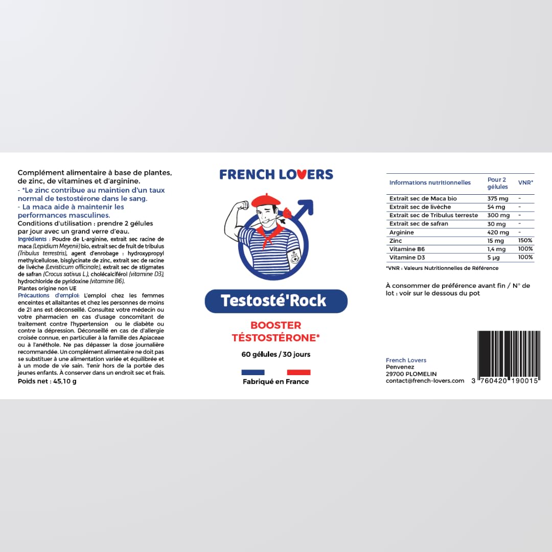 Testosté'Rock Booster Performance Homme | Soutien Taux de Testostérone & Musculation | Énergie, Vigueur & Vitalité | Maca, Zinc, Tribulus & Ashwagandha | 60 Gélules Fabriqué en France