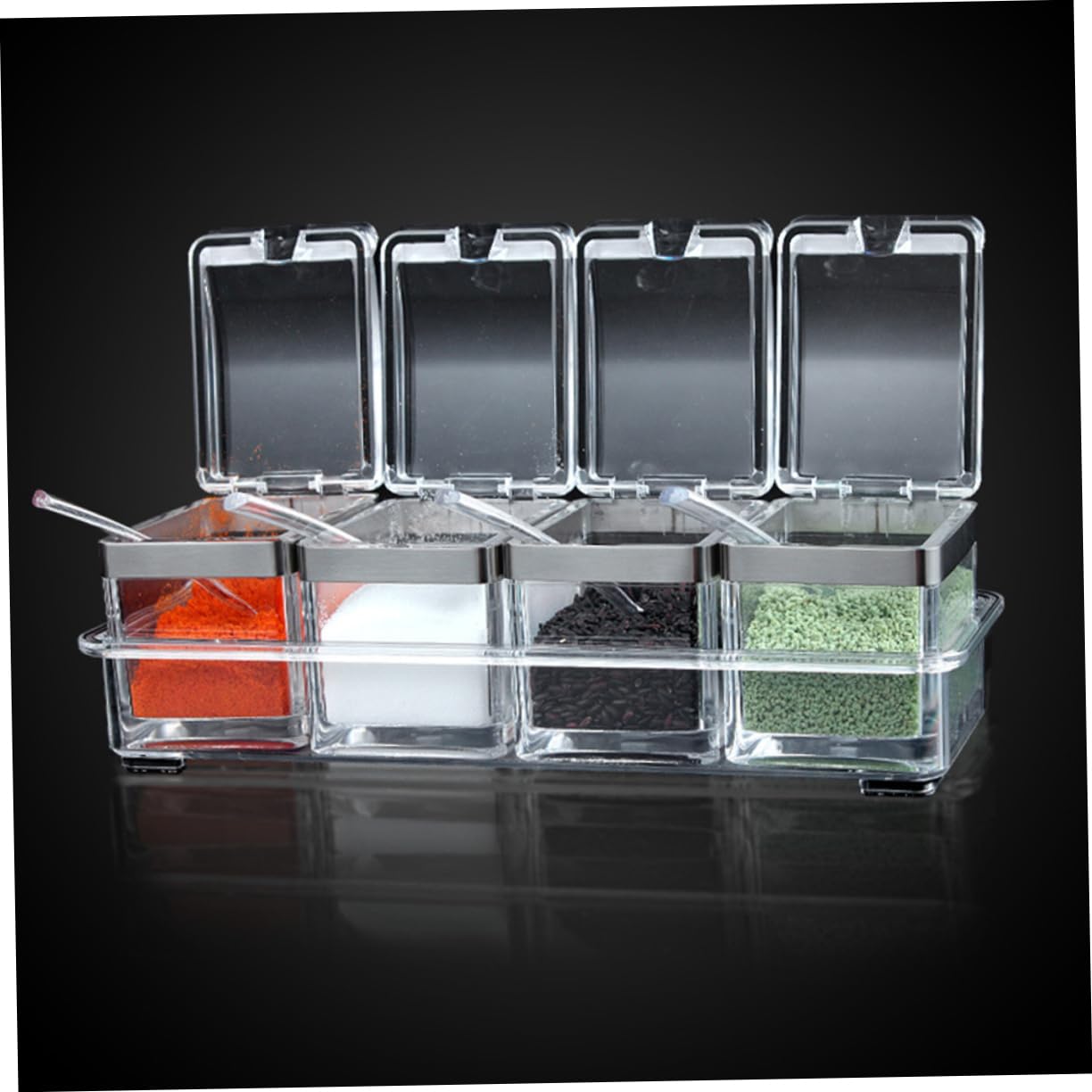 Luxshiny Gewürzbehälter Praktisches Küchenaufbewahrungsetui 4 Stück Acryl mit Deckel und Tablett Gewürzgläser für Salz und Gewürze als Einzugsgeschenk