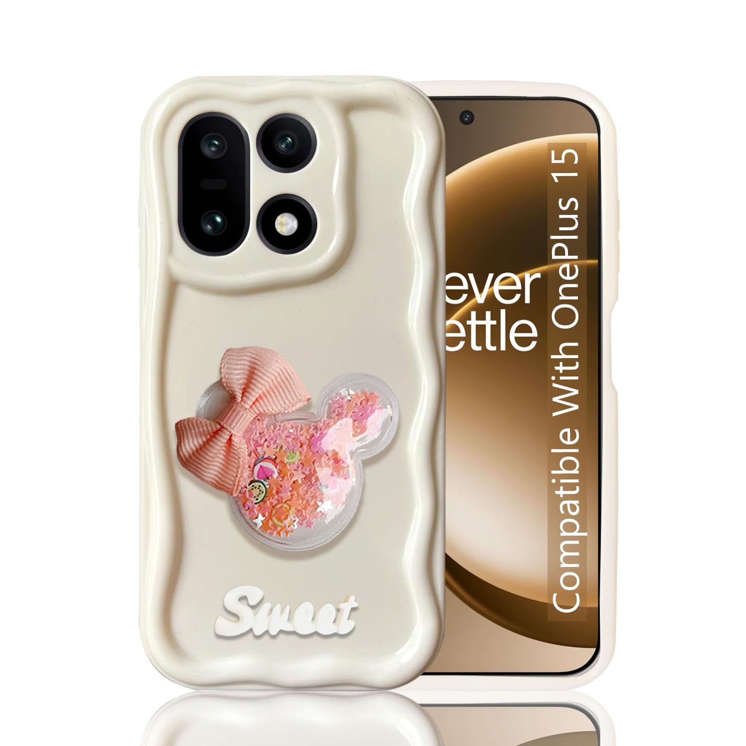 KC Back Cover for OnePlus 15-3D New Curly Wave Sweet Starry Mickey Ear and Bowknot Shockproof Soft Silicone Case with Camera Protection (White)