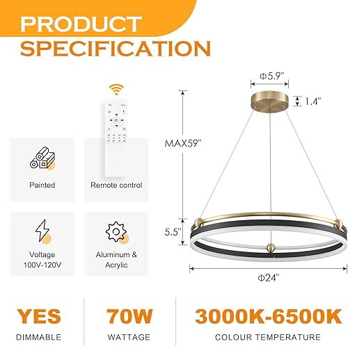 Miniatura 6 de Lámpara colgante LED moderna de 23.6 pulgadas, color negro, dorado, regulable, lámpara LED circular, 1 anillo con control remoto, luz colgante
