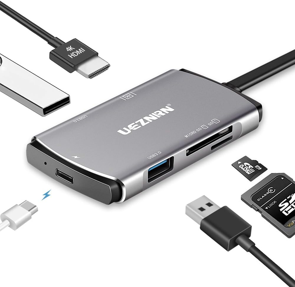 USB C Hub Ueznirn 6 in 1 USB Type c Hub Adapter with 4K HDMI Port, USB-C PD Port, 2 USB 3.0 Ports and SD/TF Card Reader for MacBook Pro, Chromebook, USB Flash Drives and More USB C Devices