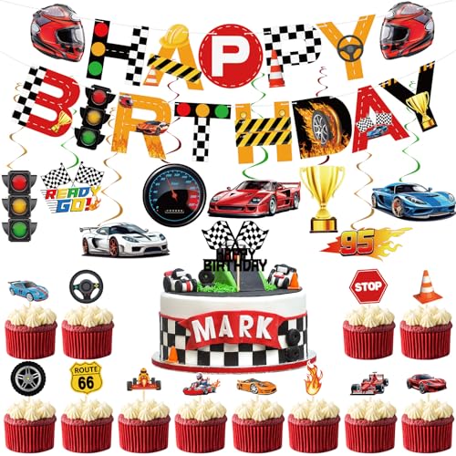 29 Pcs Race Car Birthday Party Banner, Race Car Party Decorations Include Racing Logo Gas Station Checked Flag Birthday Party Supplies Boy Kid Baby Gift Party Supplies