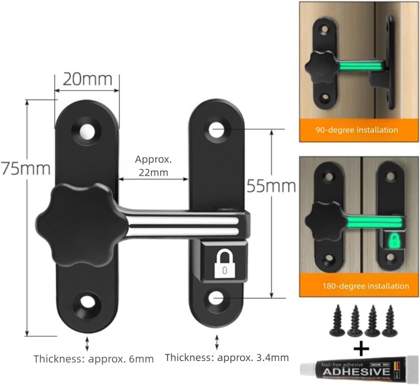 Barrel Bolt Latch 2pc Zinc Alloy Luminous Door Lock 90/180 Degree No Punching Sliding Burglar Proof Privacy Protection(Luminous Black)