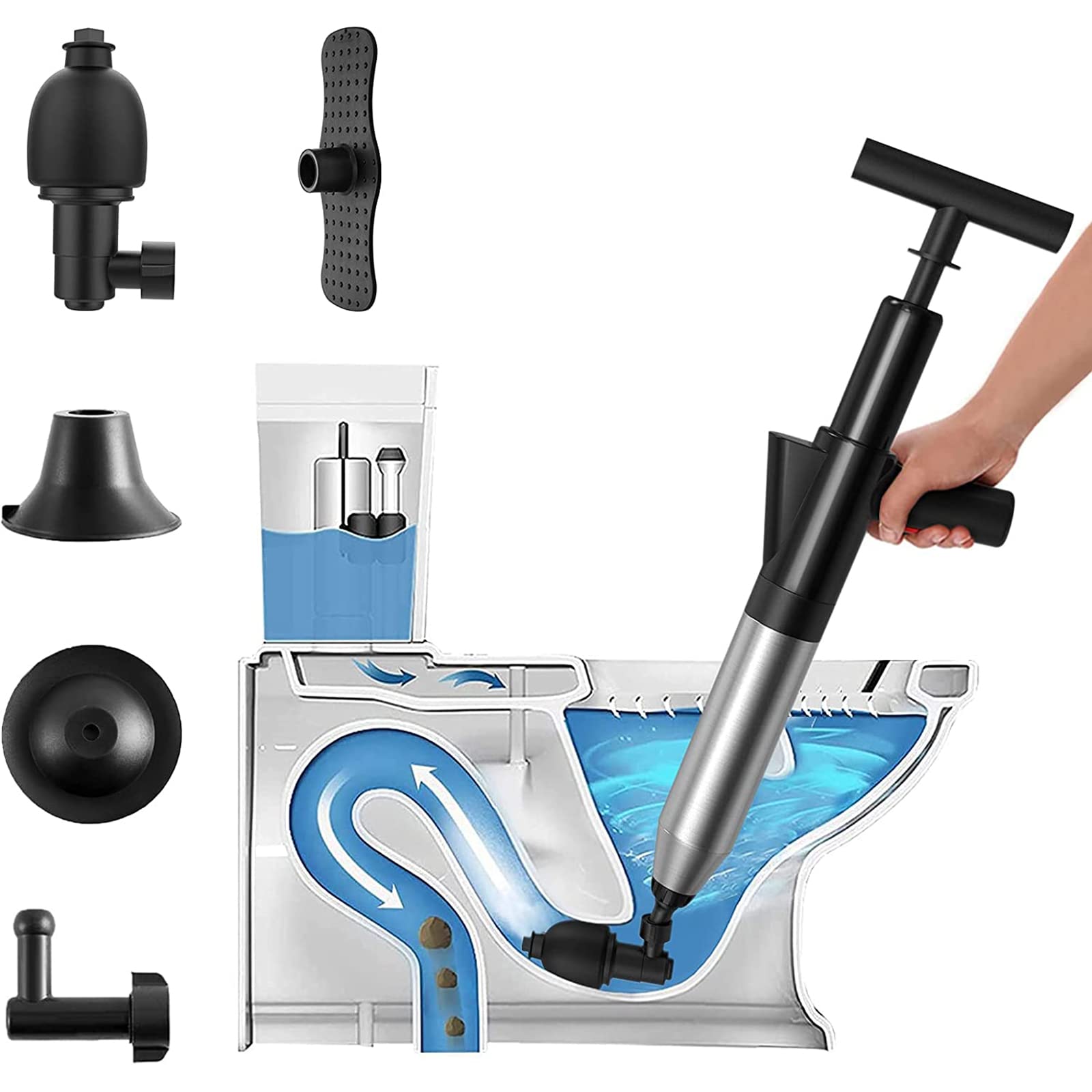 Sturalavandino Ad Aria Compressa, Pistone A Alta Pressione Draga, Drenatore Scarico Pulitore Pompa, per WC, Lavello, Pavimento, Lavabo può Essere Facilmente Cancellato Intasata,Nero