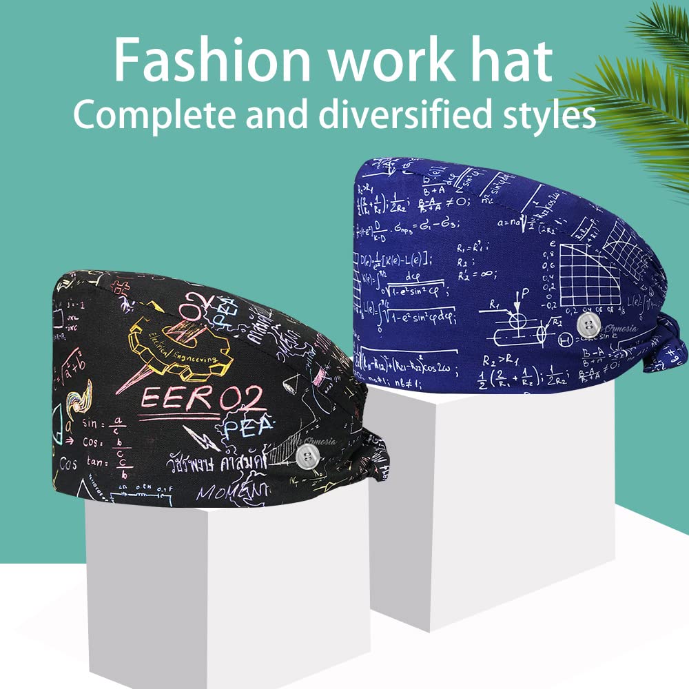 2 Pieces Hospital Work Caps with Buttons Adjustable Sweatband Head Hair Covers Unisex Tie Back Hats Variety of Styles (22206-22207)