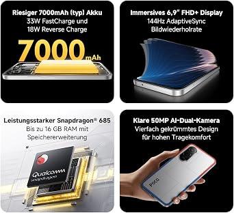 XIAOMI Poco M7 Smartphone 6+128GB Mobile Phone with Android 6.9 Inch FHD+ 144Hz Display Snapdragon 685 50MP AI Dual Camera 7000mAh Blue